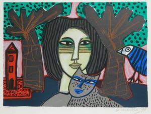 Corneille - Zeefdruk, Femme et chat - Ingelijst kopen? Bied vanaf 200!