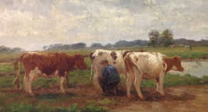 Fedor van Kregten - B9791, Melktijd, Boer met koeien in weidelandschap kopen? Bied vanaf 400!