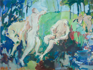 Willem Janssen - Acryl op papier, Dansende vrouwen - Ingelijst kaufen? Bieten Sie von 70!