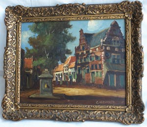Niet of onleesbaar gesigneerd - Olieverf op paneel , Dorpsplein – gesigneerd & ingelijst - oud kopen? Bied vanaf 1!