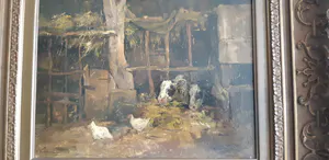 Cornelis Koppenol - Boereninterieur van boerenstal, koeien met kippen. kopen? Bied vanaf 400!