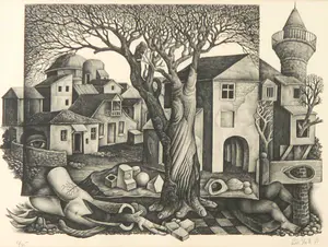 Lou Strik - Litho, Z.T. Surrealistisch stadsgezicht - Ingelijst kopen? Bied vanaf 30!