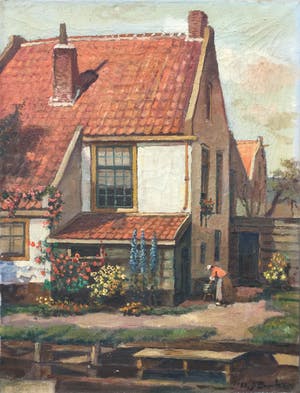 Niet of onleesbaar gesigneerd - C3653-3 - Boerin in tuin bij boerderij kopen? Bied vanaf 1!