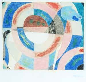 Theo Bitter - Kleurpotlood, Omtrekkende beweging Hommage Delaunay - Ingelijst verkocht voor € 1!