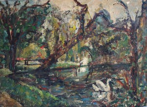 Niet of onleesbaar gesigneerd - Olieverf op doek , “Landschap met zwaan” kopen? Bied vanaf 1!