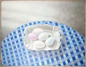 Niet of onleesbaar gesigneerd - Olieverf op doek, Stilleven met eieren - Ingelijst verkocht voor € 1!