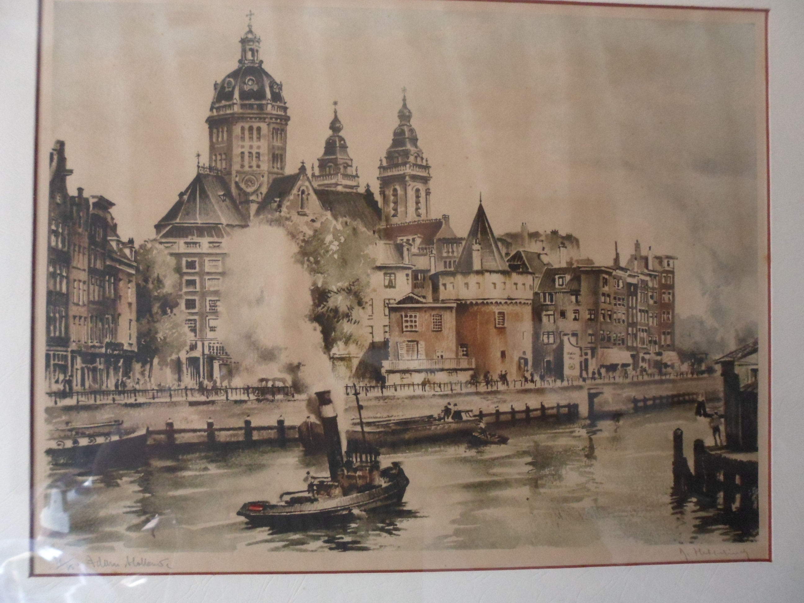 Roger Hebbelinck - Kleuren ets: Amsterdam, St Nicolaaskerk en Schreierstoren. kopen? Bied vanaf 30!