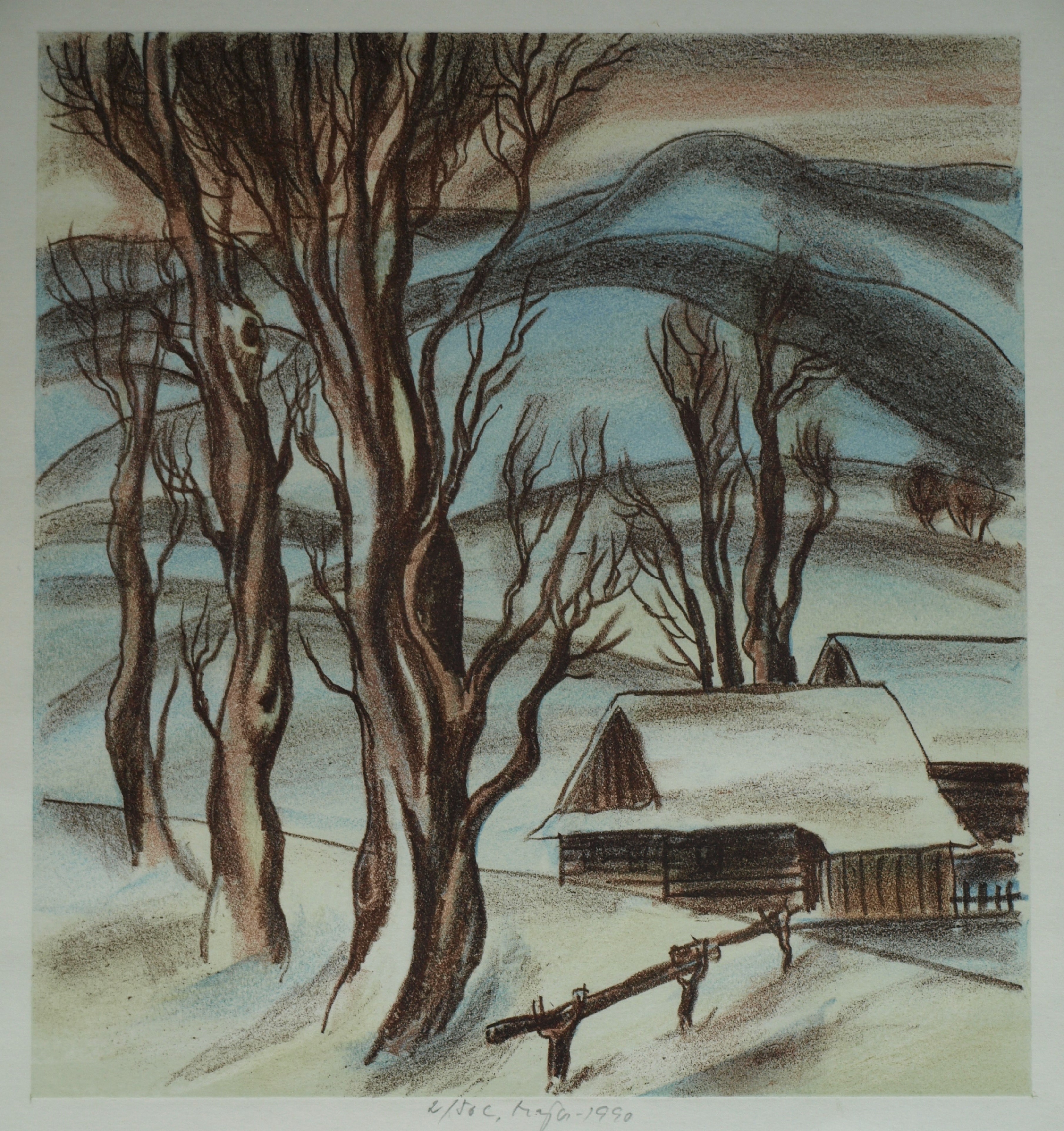 Luděk Majer - Litho, Winterlandschap 2 – gesigneerd & ingelijst – nr 2/50 - 1990 kopen? Bied vanaf 1!