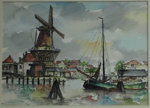 Niet of onleesbaar gesigneerd - Gesigneerd “Belleke ?” , Aquarel - “Molen aan de haven” – ingelijst kopen? Bied vanaf 10!