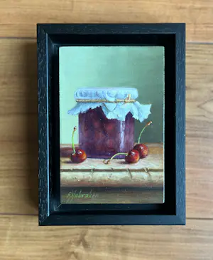 Hans Habraken - Schilderij stilleven kersen in een weckpot en kersen op tafel. kopen? Bied vanaf 195!