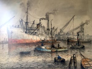 Willem Bos - Drukte in de Rotterdamse Haven - Gemengde techniek, Ingelijst kopen? Bied vanaf 240!