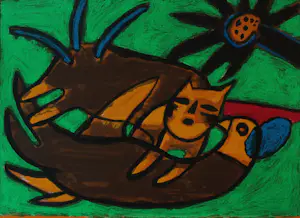 Corneille - Litho: Chat et oiseau dans l'herbe - 2000 kaufen? Bieten Sie von 225!