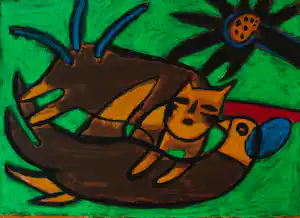 AcheterCorneille - Litho: Chat et oiseau dans l'herbe - 2000? Enchérissez de 225!