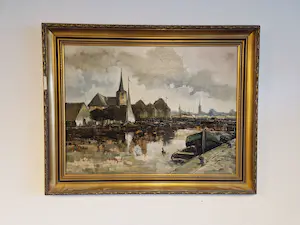 Niet of onleesbaar gesigneerd - Groot olieverf op doek "afgemeerde boten in haven" gesigneerd kopen? Bied vanaf 1!