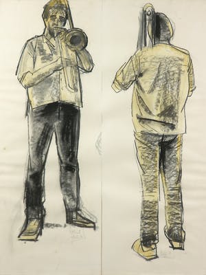 Margot Hudig-Heldring - Houtskool en aquarel, Voor- en achterkant van een muzikant - Ingelijst kopen? Bied vanaf 1!