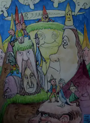 Ton van Tast - Aquarel: Surrealistische compositie met reuzenpoppen en kabouters - 1971 kaufen? Bieten Sie von 250!