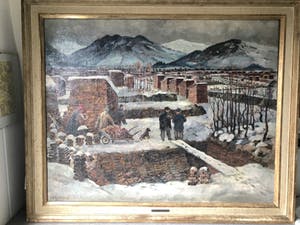 Dora Brandenburg-Polster - Het stapelen van de turf in winter, Olieverf op Doek, Ingelijst - Groot werk! kopen? Bied vanaf 299!