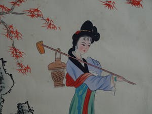 Niet of onleesbaar gesigneerd - 2 ingelijste schilderijen op zijde , Chinees? Japans?, Vrouw in landschap kopen? Bied vanaf 1!