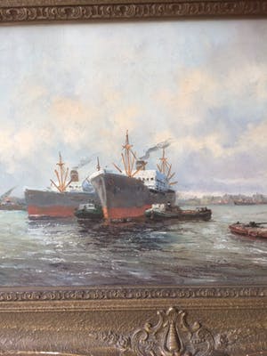 Henriette Hubregtse-Lanzing - Haven van Rotterdam, groot olieverfschilderij kopen? Bied vanaf 150!
