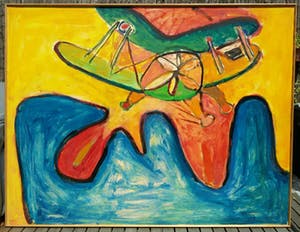 Hugh Weiss - Piloot in dubbeldekker boven fantasielandschap, olieverf op board (zeer groot!) kopen? Bied vanaf 550!