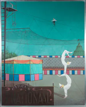 Buy Kees Balvers - Acryl op doek, Circus met twee acrobaten - Ingelijst? Bid from 100!