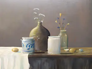 Henk Poeder - Stilleven met Eieren en Vaasje met bloemen en div kopen? Bied vanaf 175!