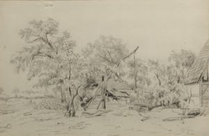 Arnoldus Johannes Eymer - Aquarel, Landschap met houten schuurtje (Eemnes) - Ingelijst kopen? Bied vanaf 50!