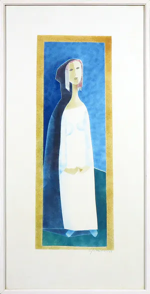 Eef van Maanen - Gemengde techniek, Vrouw in wit gewaad - Ingelijst kopen? Bied vanaf 40!