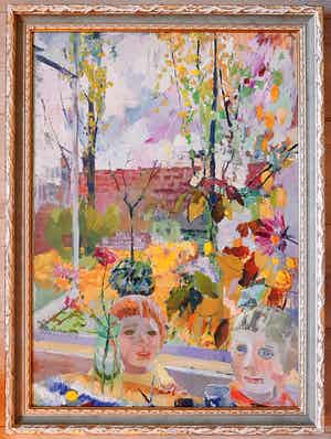 Hetty Kluytmans - Kinderen voor 't venster, olieverf, 1979 verkocht voor € 200!