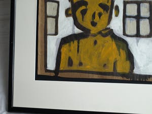 Bart Drost - Ingelijst, acryl op bitumenpapier (pakpapier) , Voor 2 huisjes – ca. 1991 kopen? Bied vanaf 50!