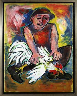 Martin van Wordragen - Olieverf op doek, Hanenvanger - Ingelijst (Groot) verkocht voor € 250!