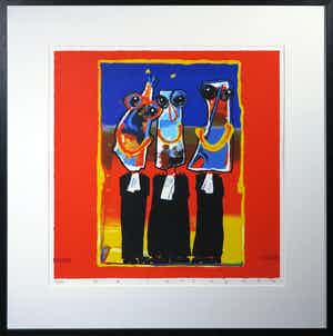 Ad Verstijnen - Zeefdruk, Drie rechtsgeleerden - Ingelijst verkocht voor € 50!