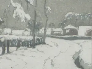 Johan Meijer - Landweg met boerderijen in de sneeuw - Ets kopen? Bied vanaf 40!