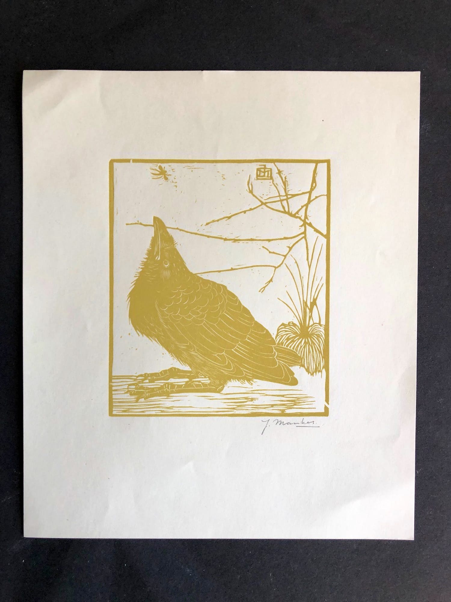 Jan Mankes - Houtsnede kleine kraai kijkend naar mugje - Gesigneerd - 1918 verkocht voor € 385!