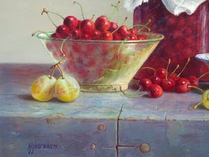 Hans Habraken - Kersen in een pot en in en glazen schaal en pruimen in een schaal. kopen? Bied vanaf 750!