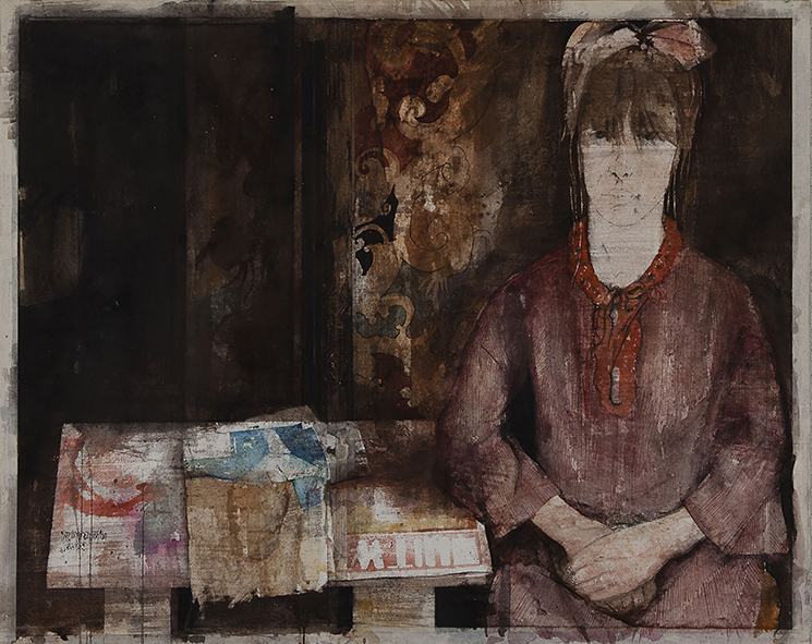 Margriet Kemper - Portret meisje - Aquarel inkt tape en collage op papier gemonteerd op vezelplaat kopen? Bied vanaf 10!