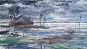 Andre van der Vossen - Landschap met hooimijt. verkocht voor € 129!