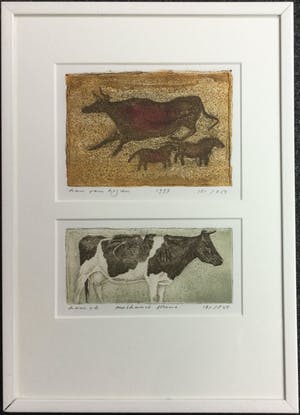Han van Hagen - Dubbele kleurets/aquatint met koeien | Grottekening & Melkunie prent kopen? Bied vanaf 49!