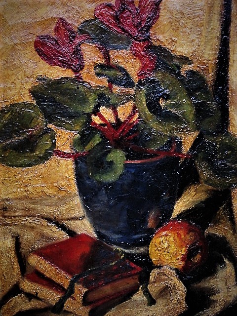 Niet of onleesbaar gesigneerd - Krachtig, in 1947 geschilderd stilleven "Potplant,boeken en Appel" verkocht voor € 1!