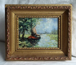 Niet of onleesbaar gesigneerd - Olieverf op paneel, Landschap met zeilboot – gesigneerd ‘S.K.’ & ingelijst - oud kopen? Bied vanaf 1!