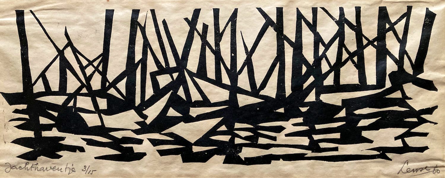 Lense Elzinga - Jachthaventje - Signierter Original Linolschnitt von 1960 - nur 15 Ex. verkocht voor € 50!