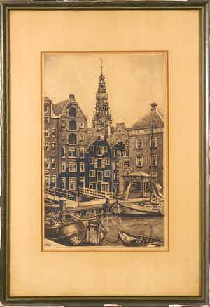Cornelis Brandenburg - Ets, Zicht vanaf het Damrak verkocht voor € 40!