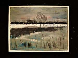 Niet of onleesbaar gesigneerd - Sfeervol impressionistisch Winterlandschap bij ondergaande zon - gesigneerd verkocht voor € 1!