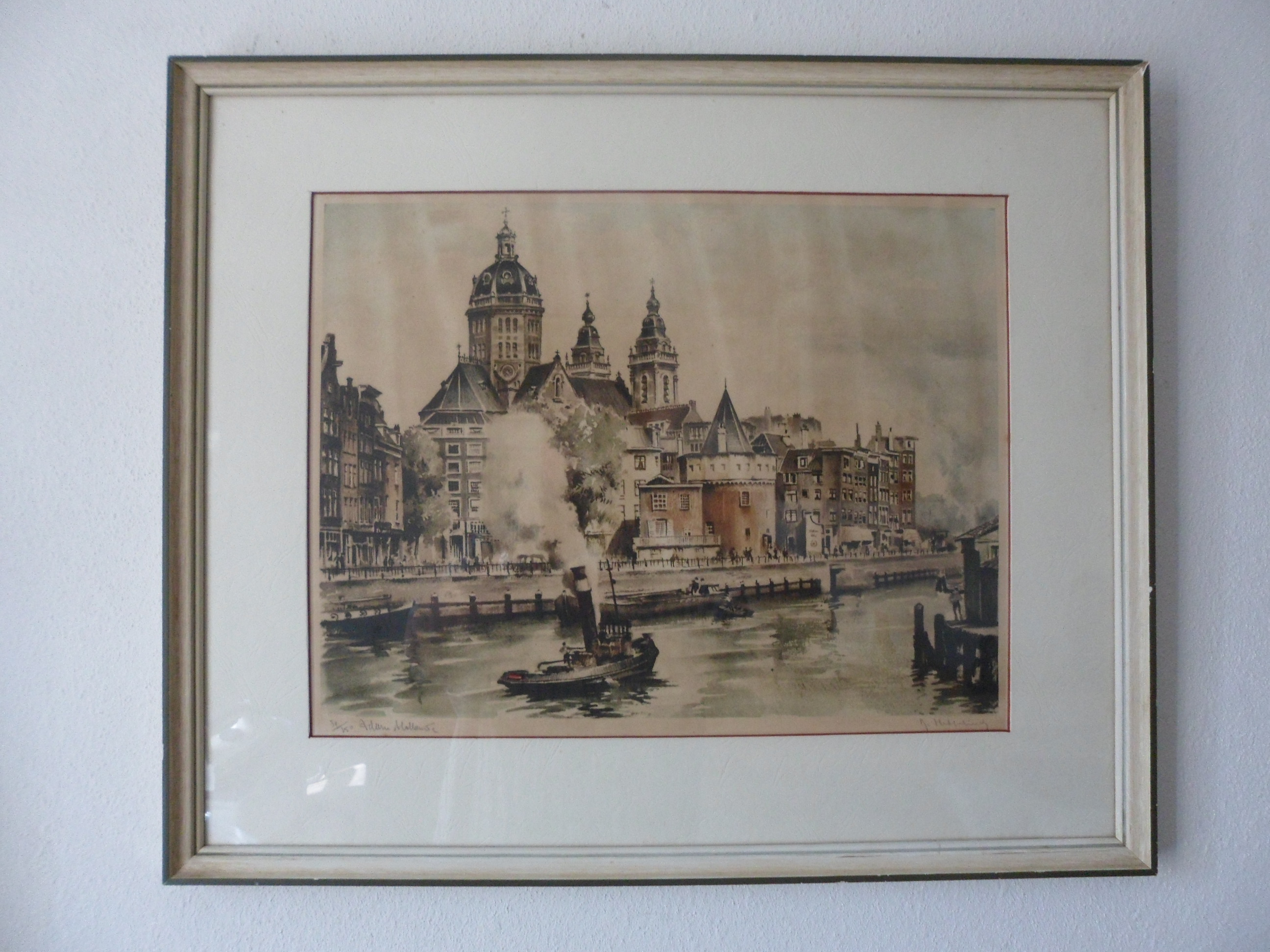 Roger Hebbelinck - Kleuren ets: Amsterdam, St Nicolaaskerk en Schreierstoren. kopen? Bied vanaf 30!