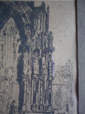 Martin van Waning - Ets met de ingang van een kathedraal. kopen? Bied vanaf 20!
