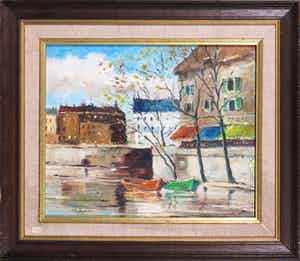 Toon Wildeboer - Olieverf op doek op board, Gezicht ''Paris'' - Ingelijst verkocht voor € 40!