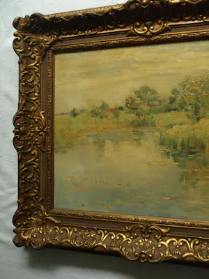 Albert Mulder - Olieverf op doek, Landschap aan het water – Lijst, 60 x 70 cm. kopen? Bied vanaf 20!