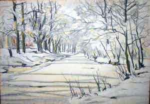 Leonid Sologoub - Wintergezicht (Den Haag), een bevroren vaart rond 1930, ingelijste krijttekening verkocht voor € 115!