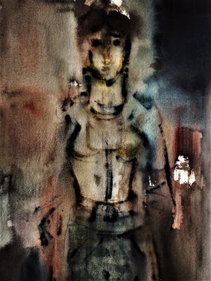 Niet of onleesbaar gesigneerd - Collectie Simon Carmiggelt - Groot Aquarel "Staande vrouw" kopen? Bied vanaf 10!