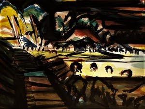 Niet of onleesbaar gesigneerd - Groot&Gesigneerd expressionistisch Aquarel "Avond Landschap" kopen? Bied vanaf 1!